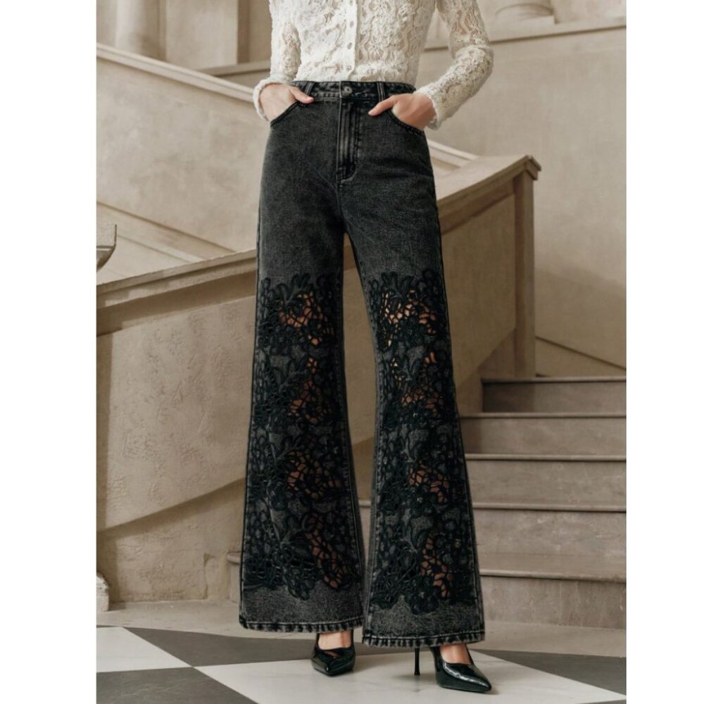 Boutique Chic Black Lace Overlay Wide-Leg Jeans |High Waist Statement Denim